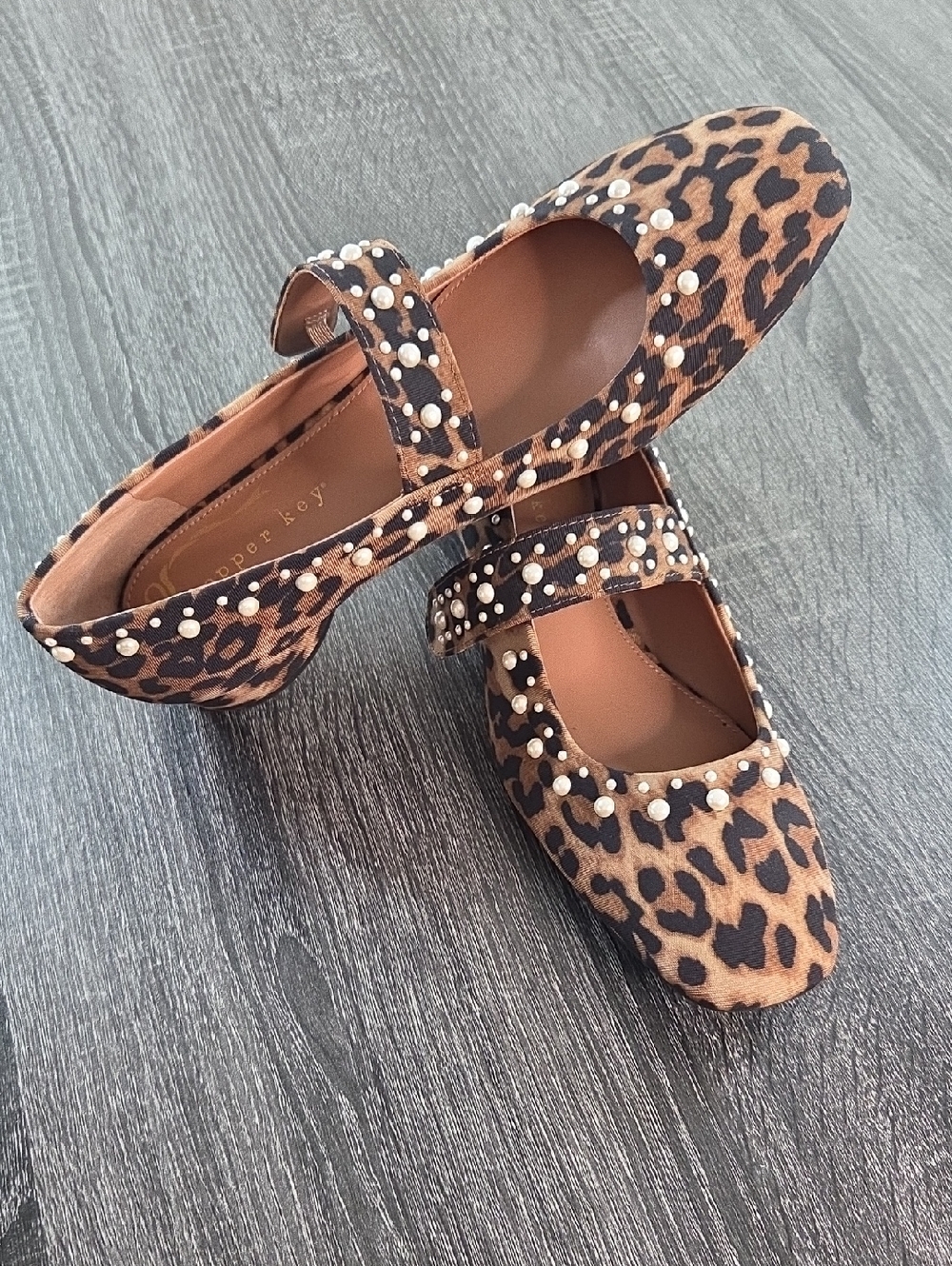 Copper Key Leopard Print 7.5 Mary Jane Flats with Pearl Studs - Brown Black .